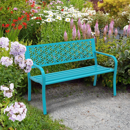 VINGLI 50" Outdoor Bench Metal with Floral Back, Garden Bench Front Porch Benches for Yard Patio