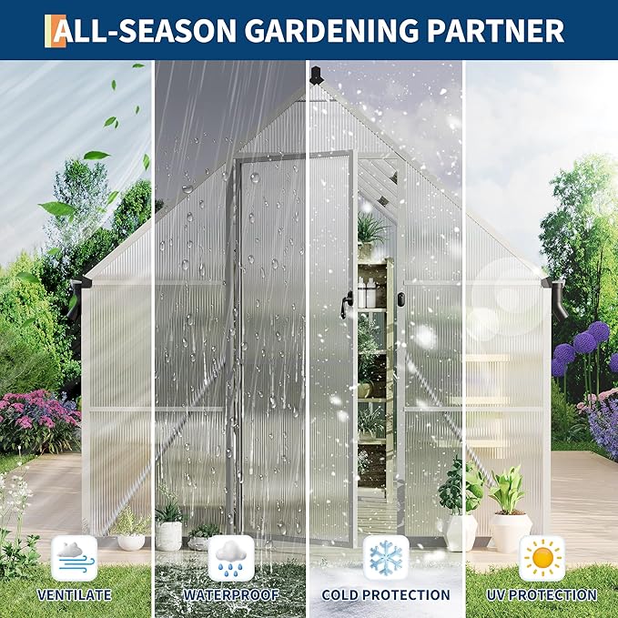8'X12' Aluminum-Framed Polycarbonate Greenhouse, Heavy Duty Polycarbonate Greenhouse with Quick