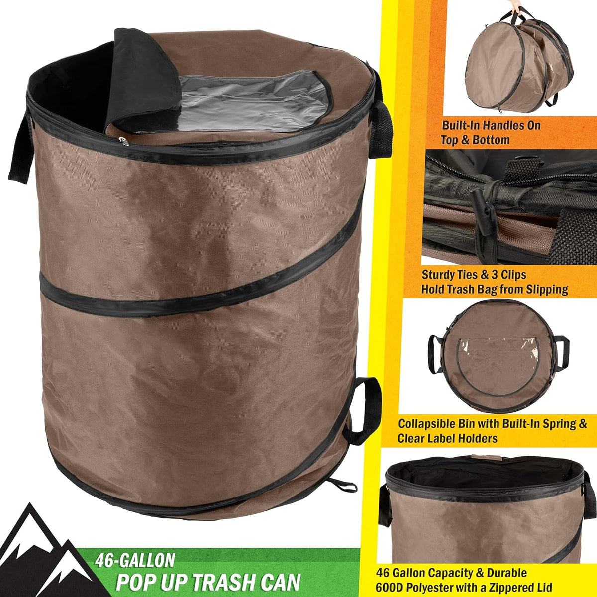 Wakeman Outdoor Trash Can - 46-Gallon Collapsible Garbage Can with 3 Stakes - Pop Up Trash Can for