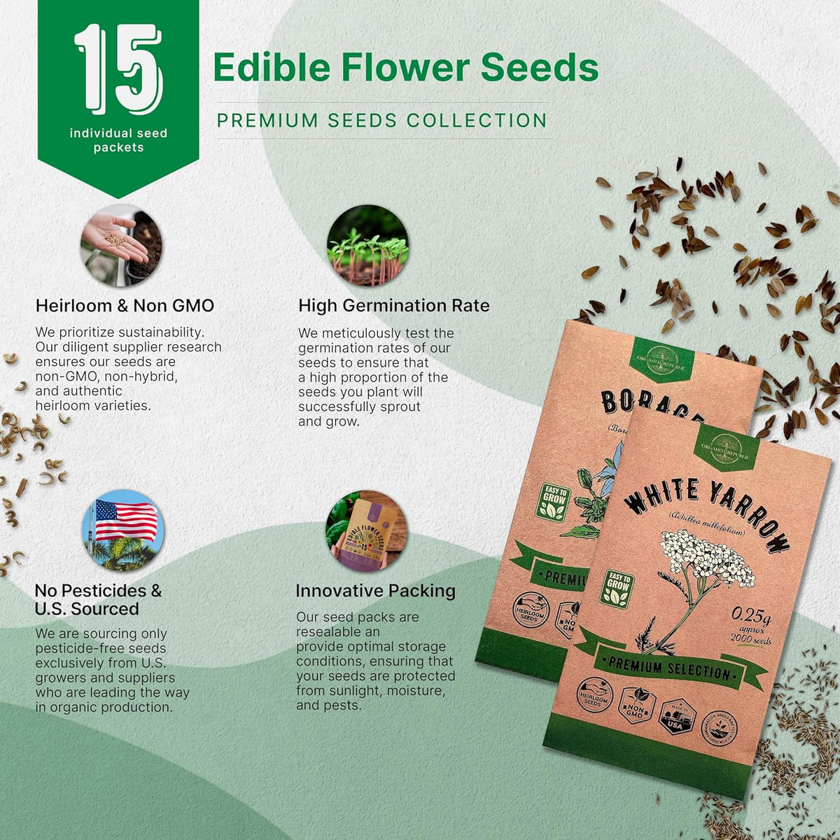 Organo Republic 15 Edible Flower Seeds Variety Pack- Indoor/Outdoor. 4800+ Non-GMO Heirloom Flower: