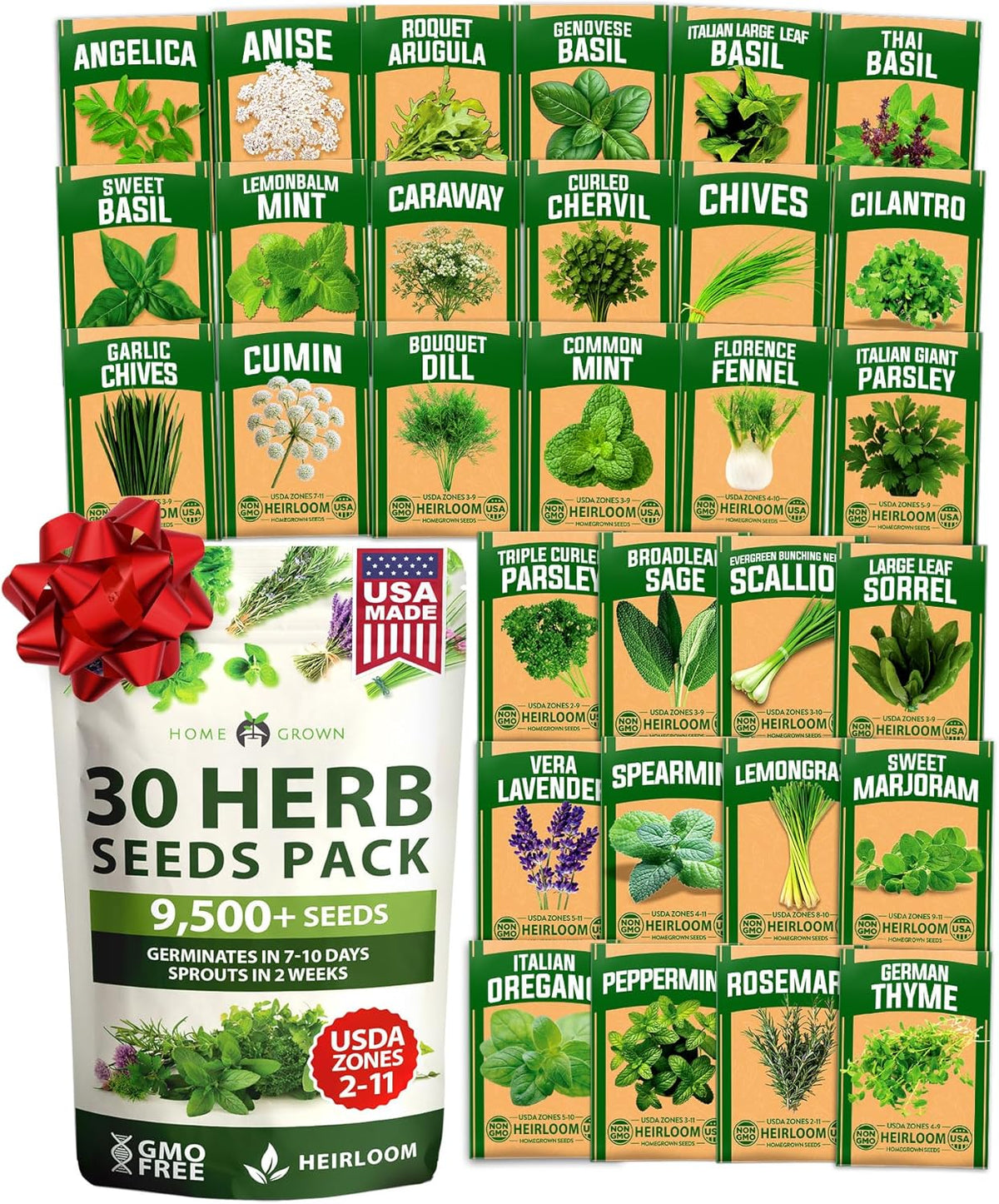HOME GROWN 30 Herb Seeds for Planting 9,500+ Non-GMO Heirloom Seeds | Extra Large Variety Pack Herb