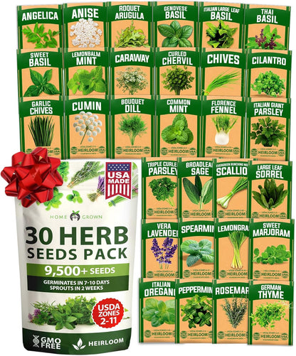 HOME GROWN 30 Herb Seeds for Planting 9,500+ Non-GMO Heirloom Seeds | Extra Large Variety Pack Herb