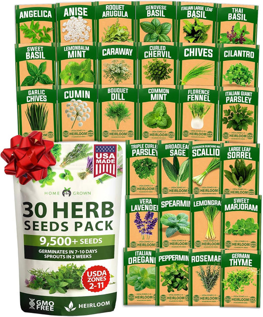 HOME GROWN 30 Herb Seeds for Planting 9,500+ Non-GMO Heirloom Seeds | Extra Large Variety Pack Herb