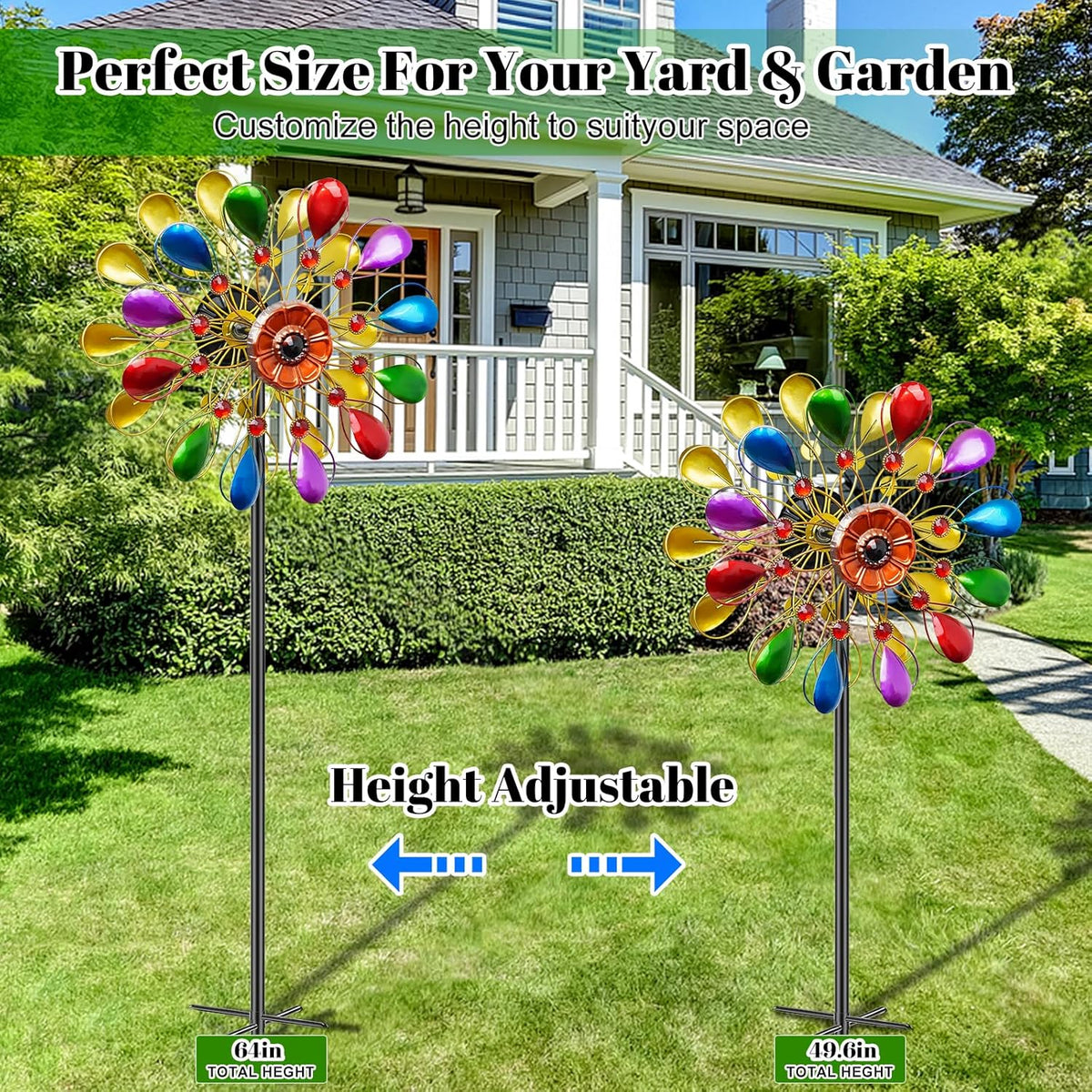 64 inch Garden Wind Spinner, Outdoor Wind Sculpture with 5 Prong Base Stand, Metal Windmill for