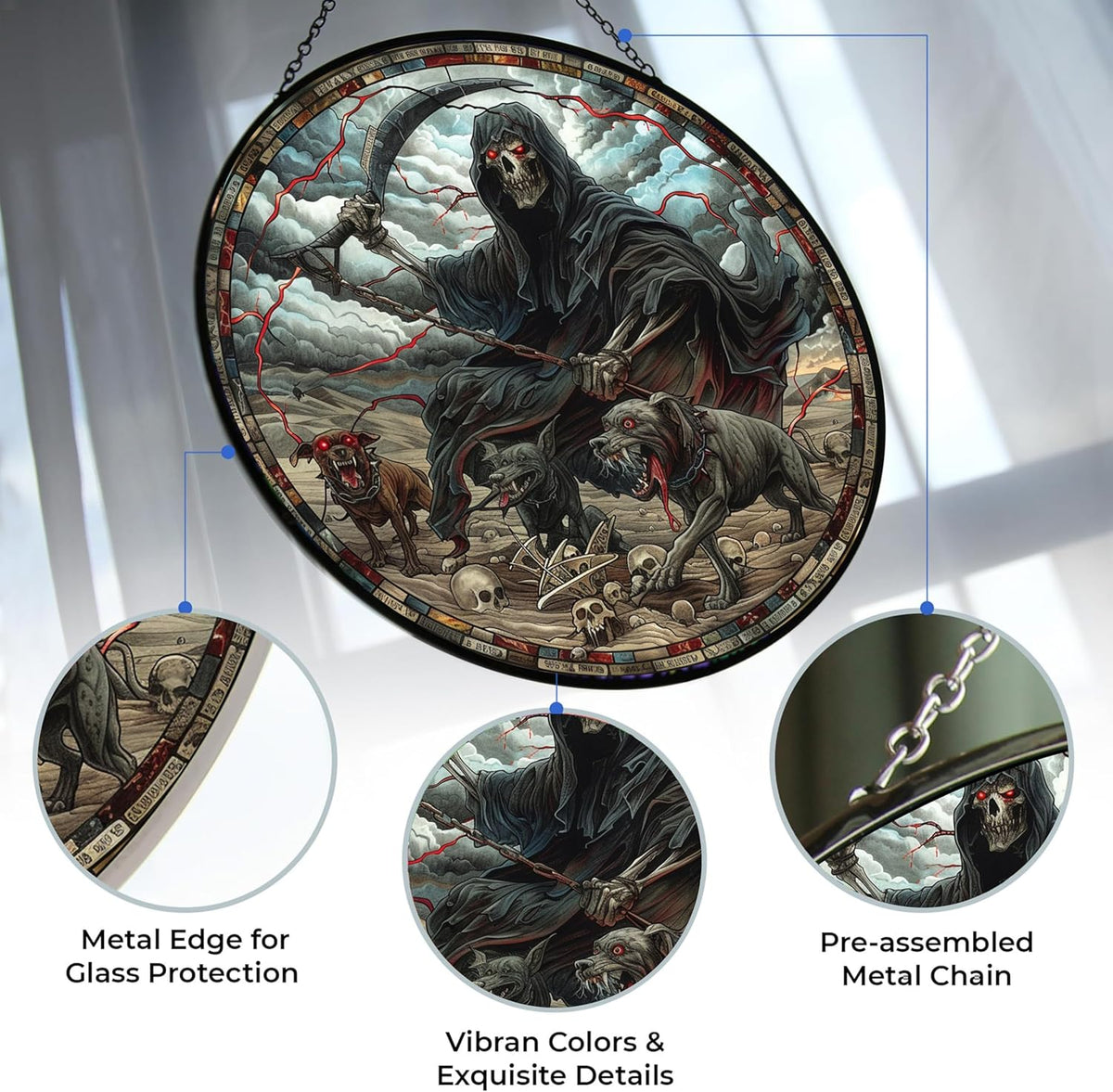 Pitbull Grim Reaper Suncatcher Indoor/Outdoor Stained Glass Window Hanging Handmade Stained Glass