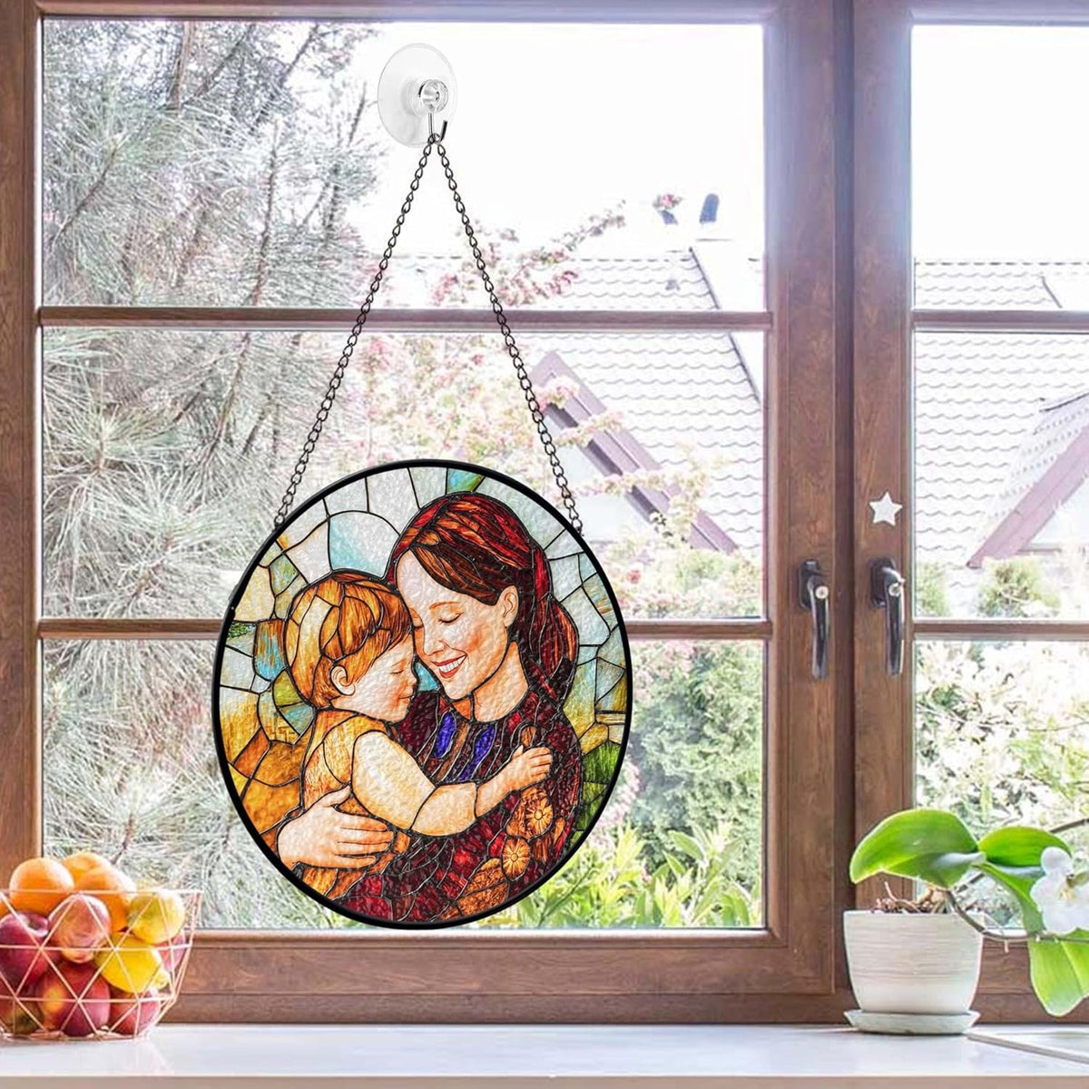 LOVELYPOD Custom Mom Faux Stained Glass Sun Catcher, Personalized Family Portrait Window Hanging