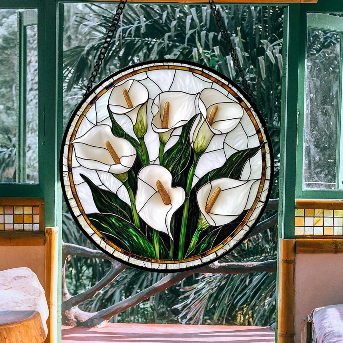 Stained Glass Window Hanging, White Calla Lily Flowers Sun Catchers Glass Panel Plant Suncatcher