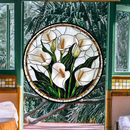 Stained Glass Window Hanging, White Calla Lily Flowers Sun Catchers Glass Panel Plant Suncatcher