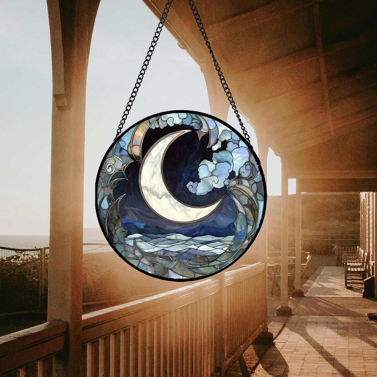 Stained Glass Window Hanging - Abstract Sea of Clouds Moon Sun Catcher for Door Terrace Garden Home