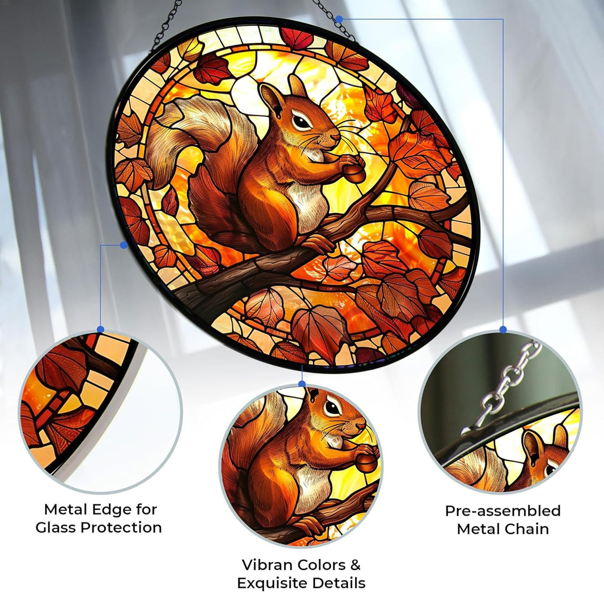 Squirrel Stained Glass Window Hanging 12” Round Handicraft Blue Flower Glass Panel Farmhouse Style