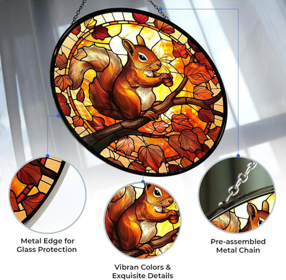 Squirrel Stained Glass Window Hanging 12” Round Handicraft Blue Flower Glass Panel Farmhouse Style