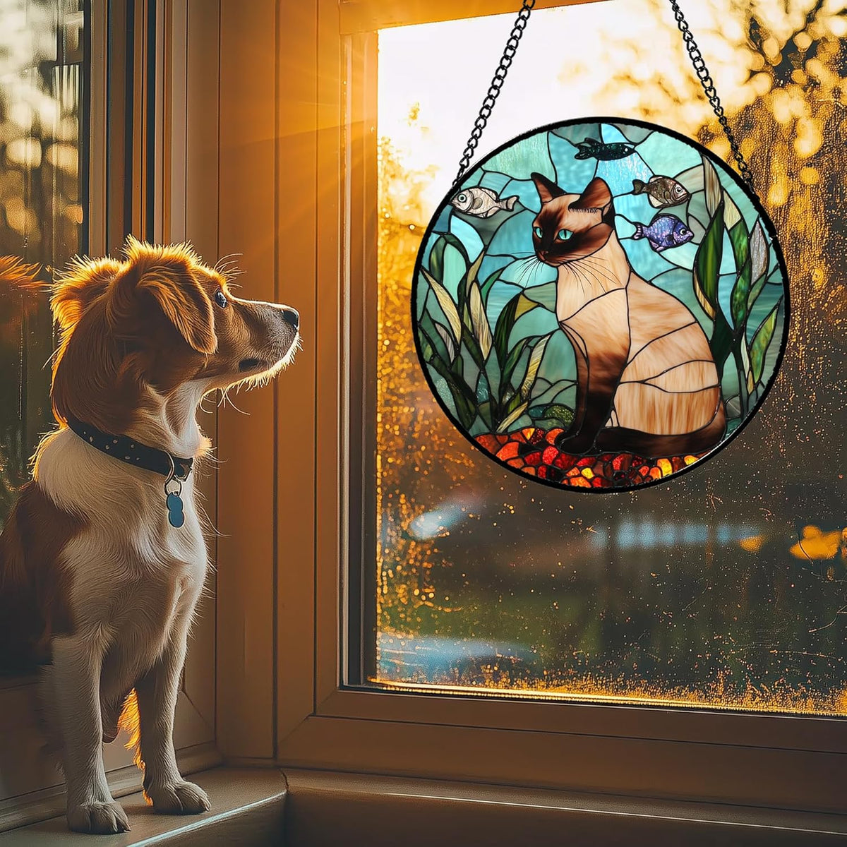 Stained Glass Window Hanging Cat Fish Plants Large 15" - Suncatcher Door Garden Sunroom Sun Catcher