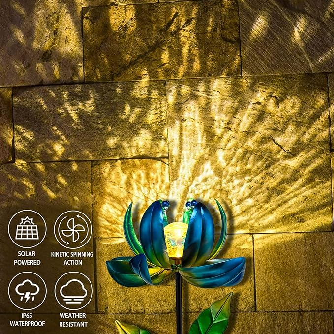 Huaxu Solar Outdoor Lights 35.4In Garden Decor Flower Wind Spinners,Waterproof LED Crackle Glass
