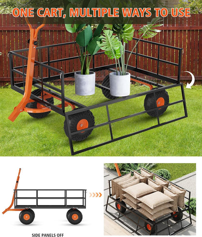 Metal Wagon - 900lbs Garden Cart with 10" Multi-Terrain Tires, 4 Removable Mesh Sides & 180° Swivel