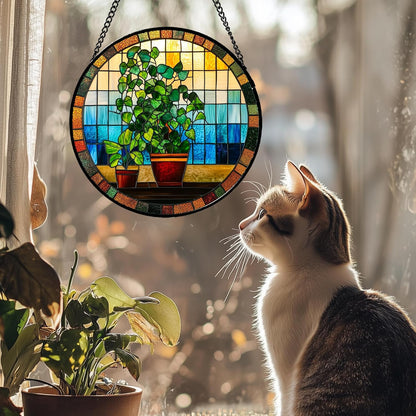 Stained Glass Window Hanging Green Potted Plants Large 11.8" - Suncatcher Door Garden Sun Catcher