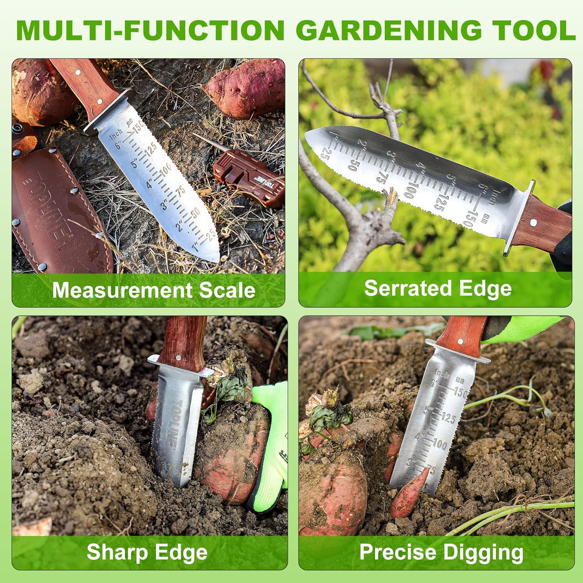 Topline Hori Hori Garden Knife, Double-edge Stainless Steel Blade, Garden Knife with Leather Sheath