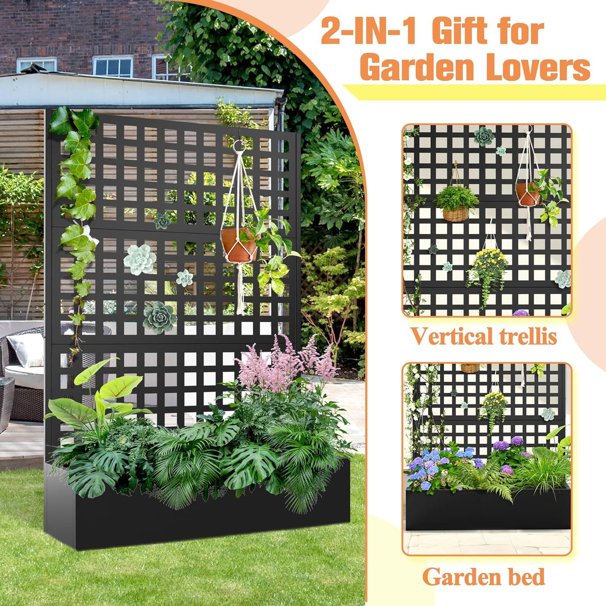 Metal Planter Box with Trellis & Wheels, Raised Garden Bed with Privacy Screen, Outdoor Standing