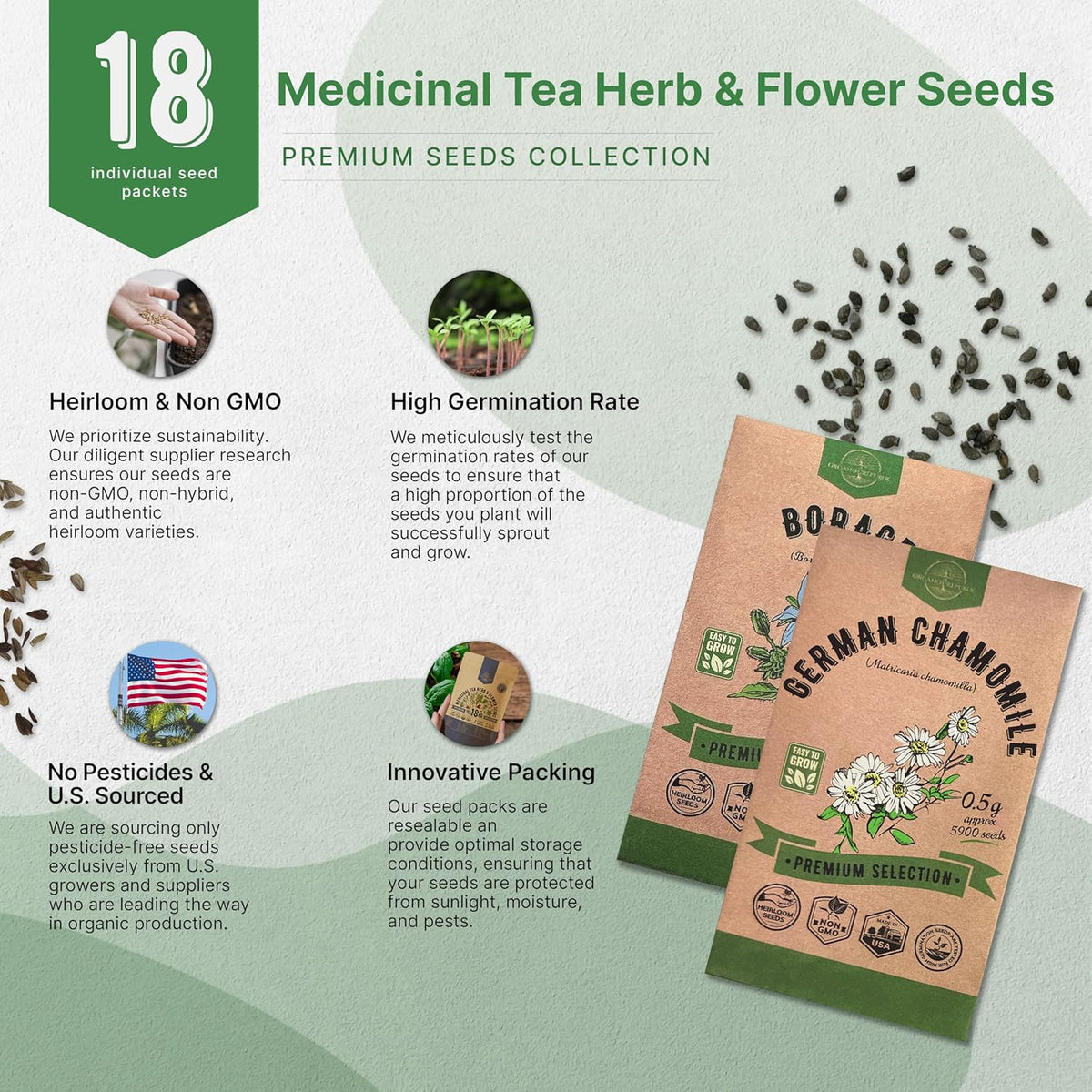 18 Medicinal Tea Herb & Flower Seeds Variety Pack - 6,100+ Non-GMO Heirloom Flower Seeds for