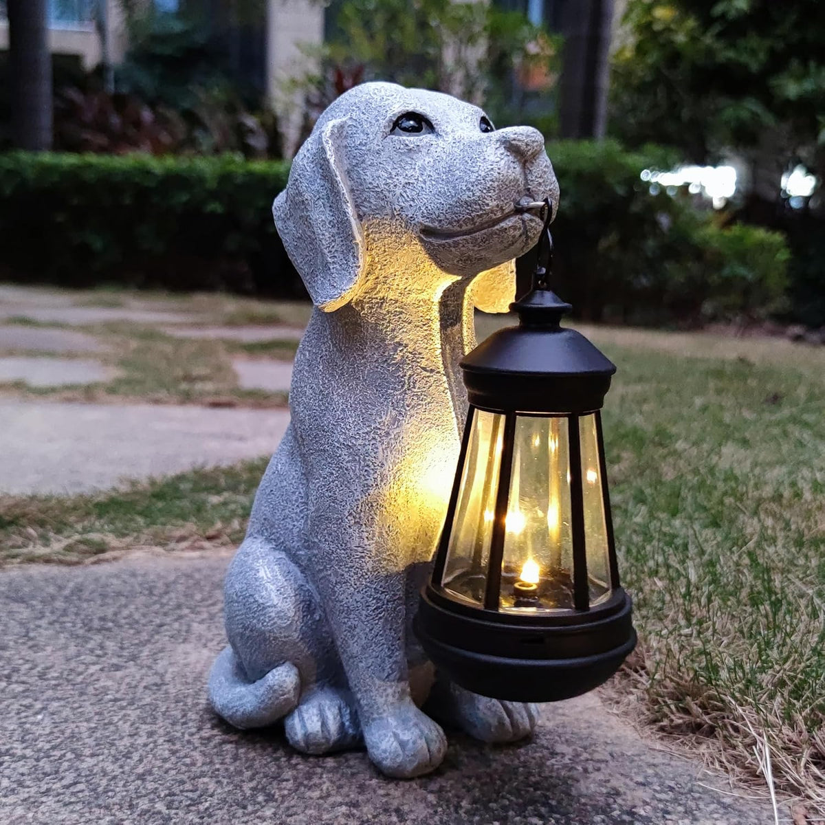 Solar Dog Outdoor Garden Statue with LED Light,Dog Solar Lights Lantern Outside Decorations for