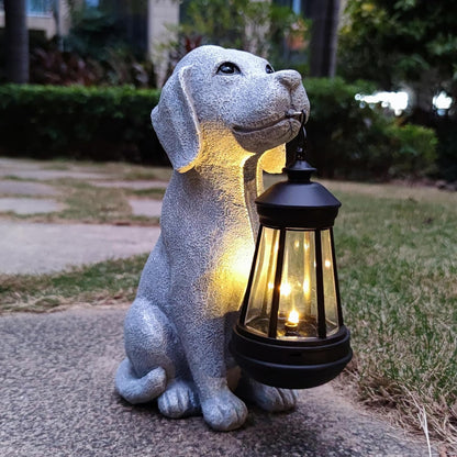 Solar Dog Outdoor Garden Statue with LED Light,Dog Solar Lights Lantern Outside Decorations for