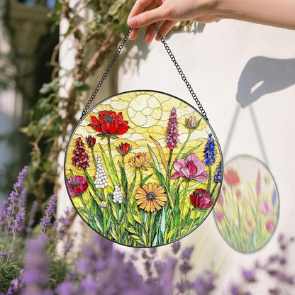 Stained Glass Window Hanging, 8 Inch Wildflower Stained Glass Suncatcher, Colorful Floral Window