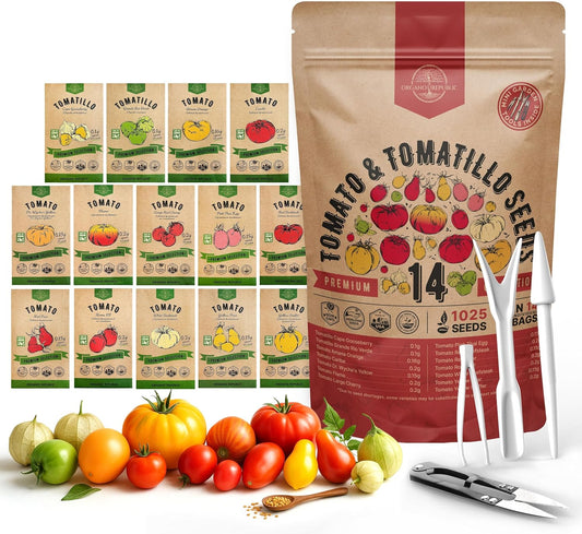Organo Republic 14 Rare Tomato & Tomatillo Garden Seeds Variety Pack - 1,020+ Non-GMO Heirloom
