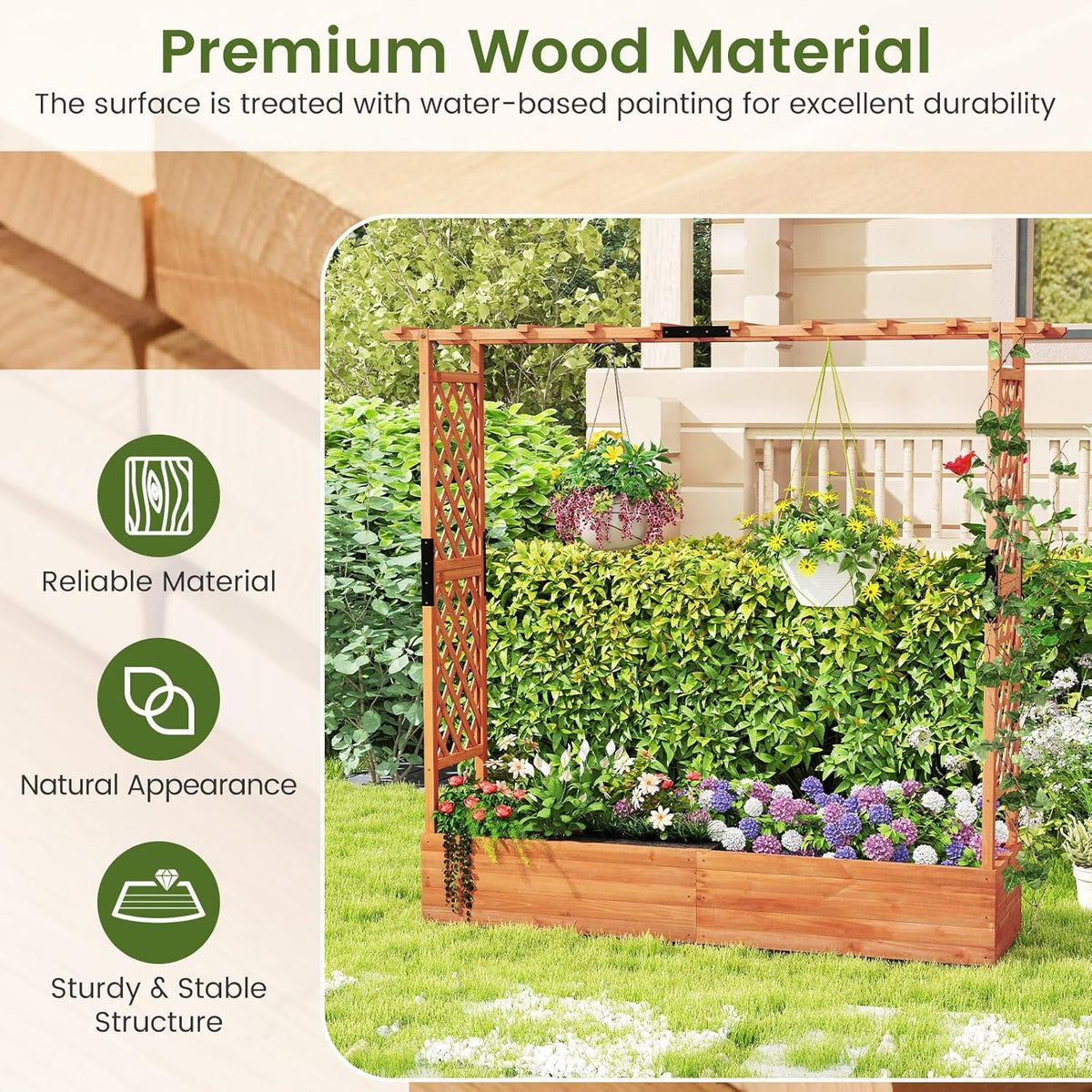 S AFSTAR 77-Inch Raised Garden Bed with Arch Trellis, Hanging Roof & Drainage Holes, Vertical Plant