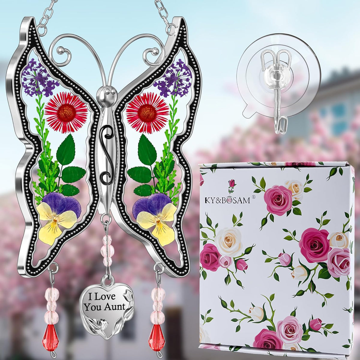 KY&BOSAM Gift for Aunt Suncatcher Butterfly I Love You Aunt Gift Stain Glass Suncather for Window
