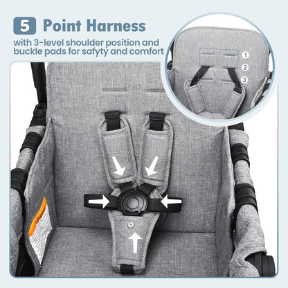Wagon Stroller for 2 Kids, High Seat & 5 Point Harness, Foldable All-Terrain Wagon for Toddler with