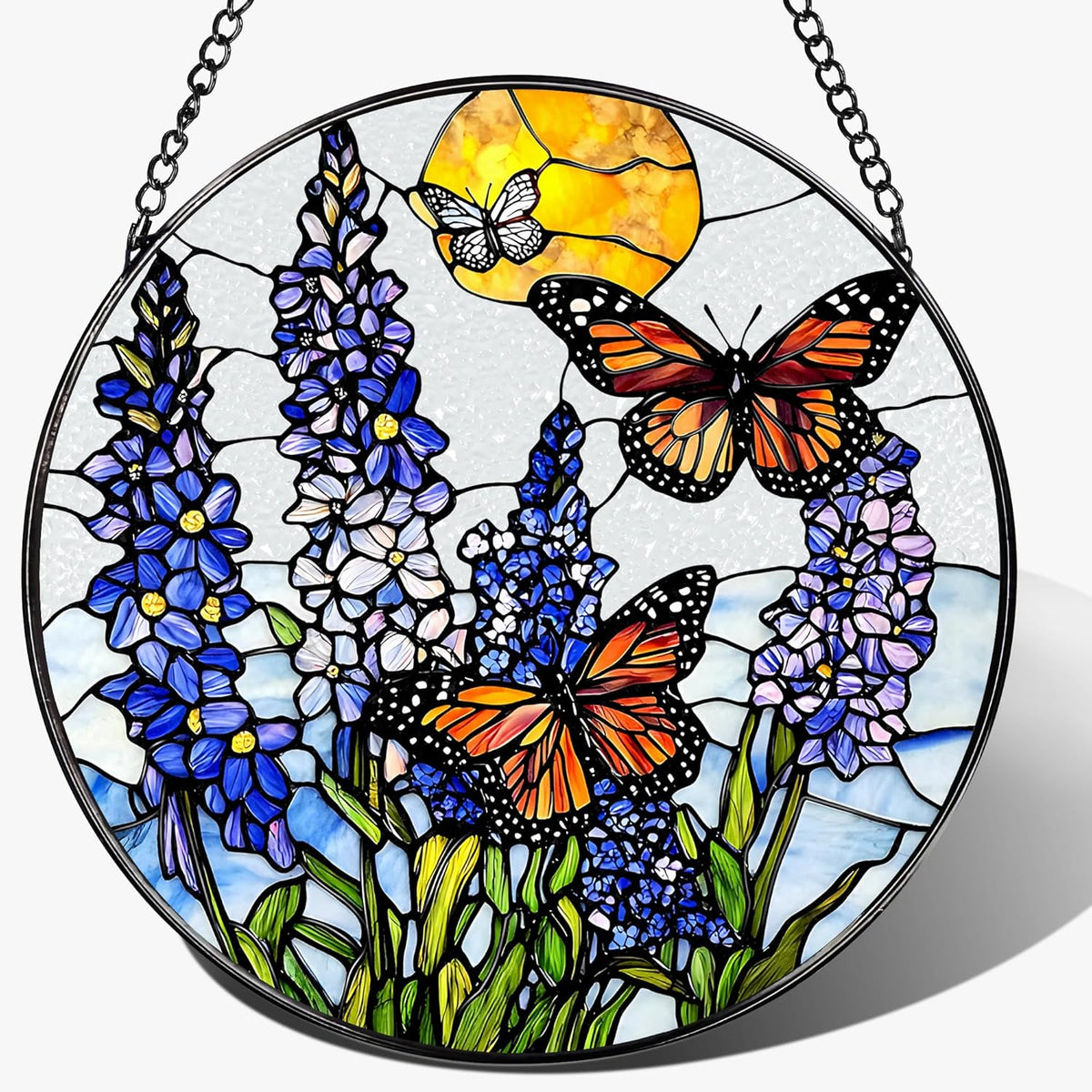 Stained Glass Window Hanging, 8 Inch Lavender & Butterfly Sun Catcher Decor, Stained Glass