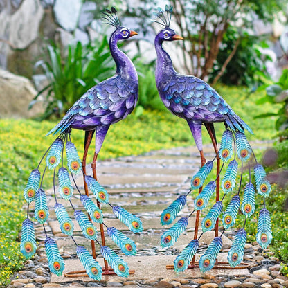 Kircust Purple Peacock Garden Statue and Sculpture, Metal Peacocks Yard Art Lawn Decor, Large Birds