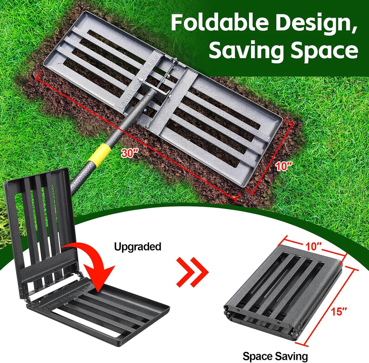 Lawn Leveling Rake 30”x10” Large Heavy Duty Metal Lawn Leveler with 65” Long Adjustable Handle