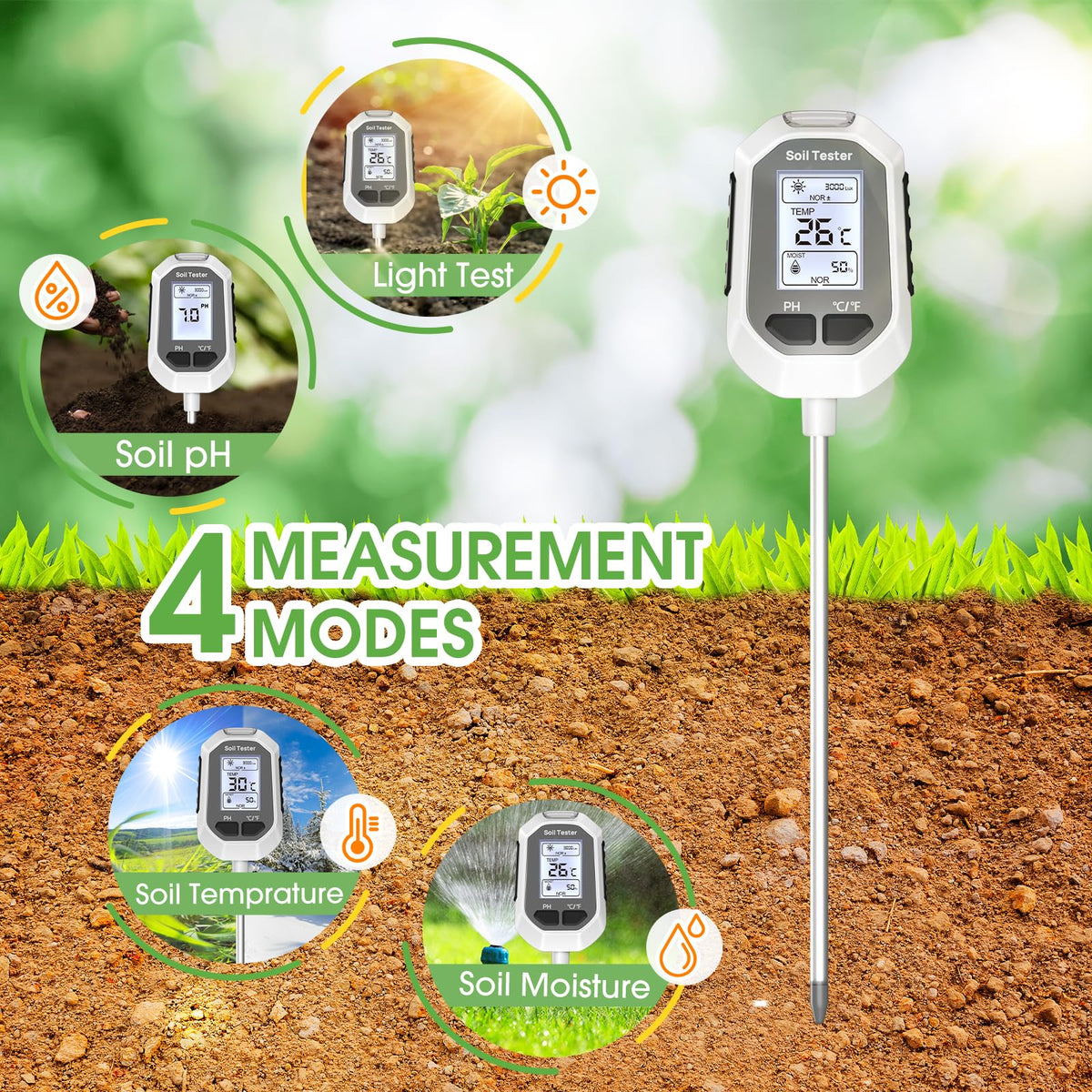 YAMRON 4-in-1 Soil Moisture Meter Digital Plant Temperature/Soil Moisture/pH Meter/Sunlight