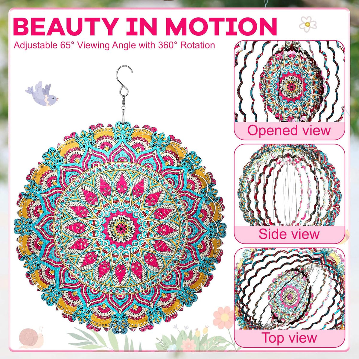 12 Inch Mandala Wind Spinners with Gazing Ball Spiral Tail, Outdoor 3D Stainless Steel Hanging