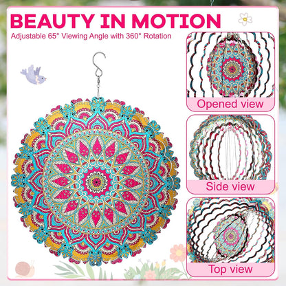 12 Inch Mandala Wind Spinners with Gazing Ball Spiral Tail, Outdoor 3D Stainless Steel Hanging