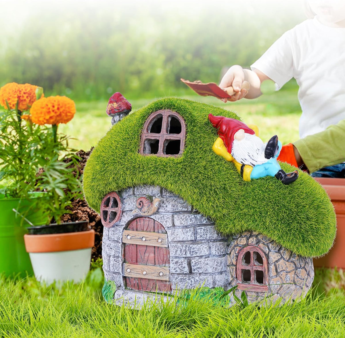 ILLUMINEW House Garden Statues with Solar Lights, LED Cute Flocked Fairy House with Gnomes Garden