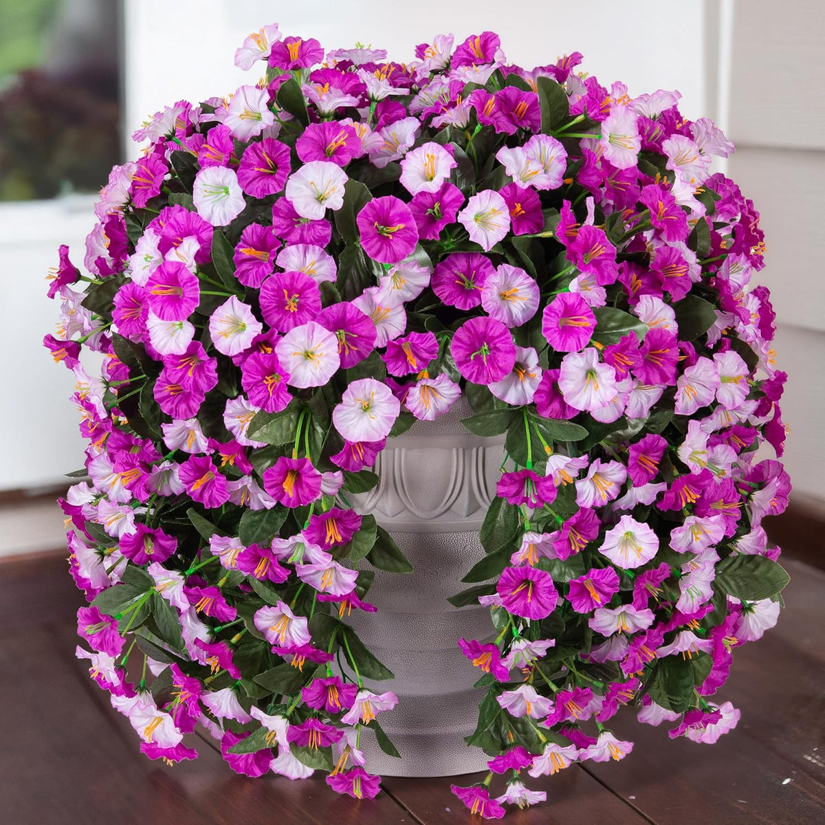 HyeFlora Artificial Fake Hanging Flowers Plants for Outdoor Outside, 2PCS Faux Silk Morning Glory