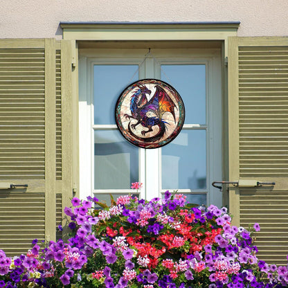 Dragon Stained Glass Window Hanging Suncatcher 12" Glass Panel with Metal Chain Sun Catchers Wall