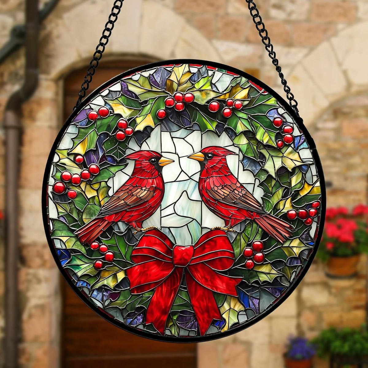 Stained Glass Window Hanging - Cardinals Green Wreath Suncatcher for Doors Home Christmas