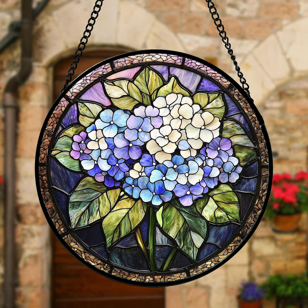 Stained Glass Window Hanging, Hydrangea Flowers Sun Catchers Diamond Glass Panel Hangings Plant
