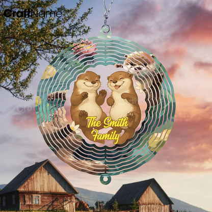 Personalized Otter Couple Wind Spinner 3D Stainless Steel, Otter Garden Spinner Hanging Outdoor