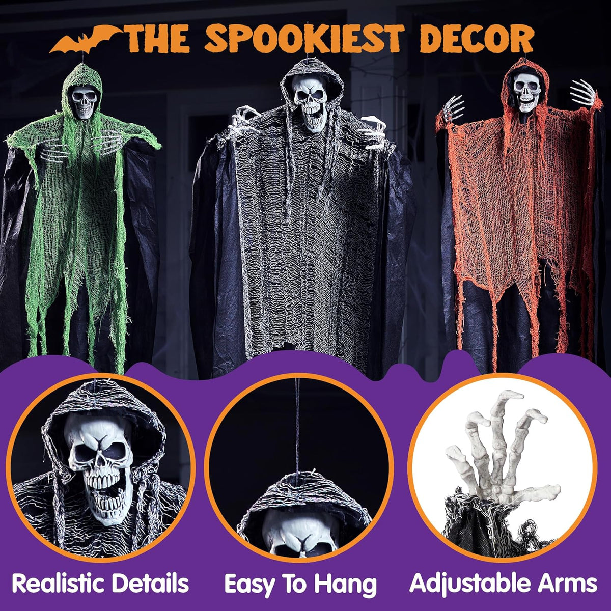 JOYIN 3 Pcs Halloween Hanging Grim Reapers, one 63” Two 47” Grim Reapers, Halloween Skeleton