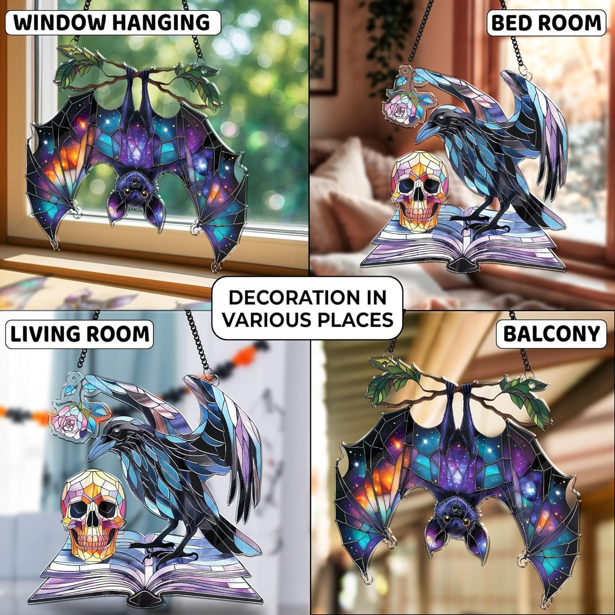 2 Halloween Decorations Bat Raven Acrylic Suncatchers, Window Hanging Bat Gothic Decor, Spooky
