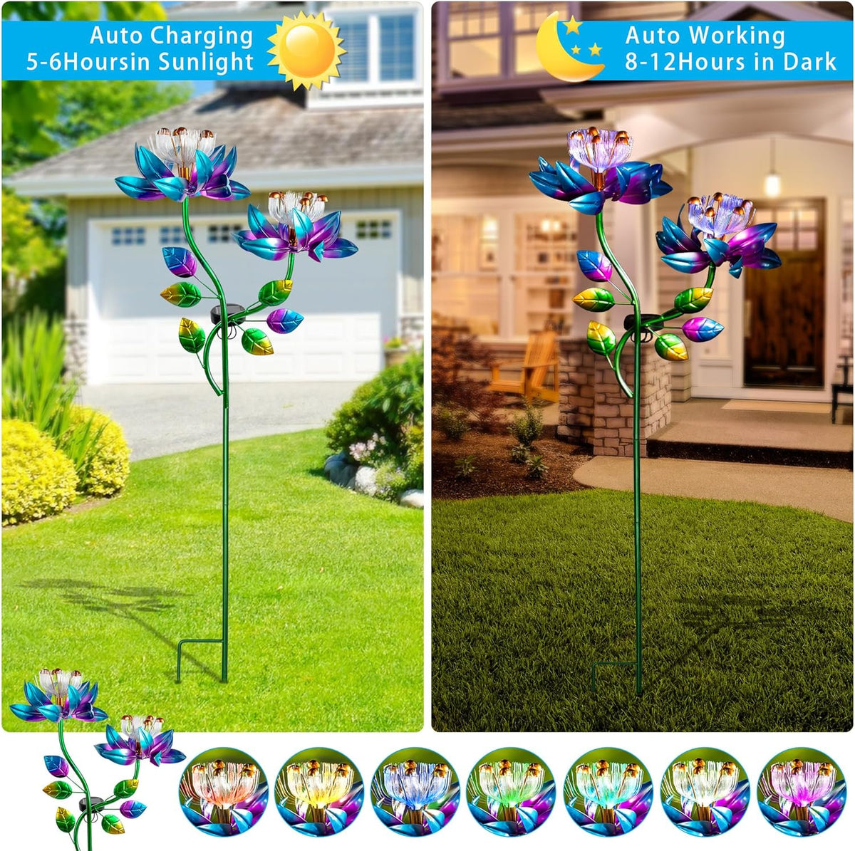 55'' Solar Powered Kinetic Wind Spinner Sculpture Blue Lotus Metal Stake Spinner for Patio, Lawn