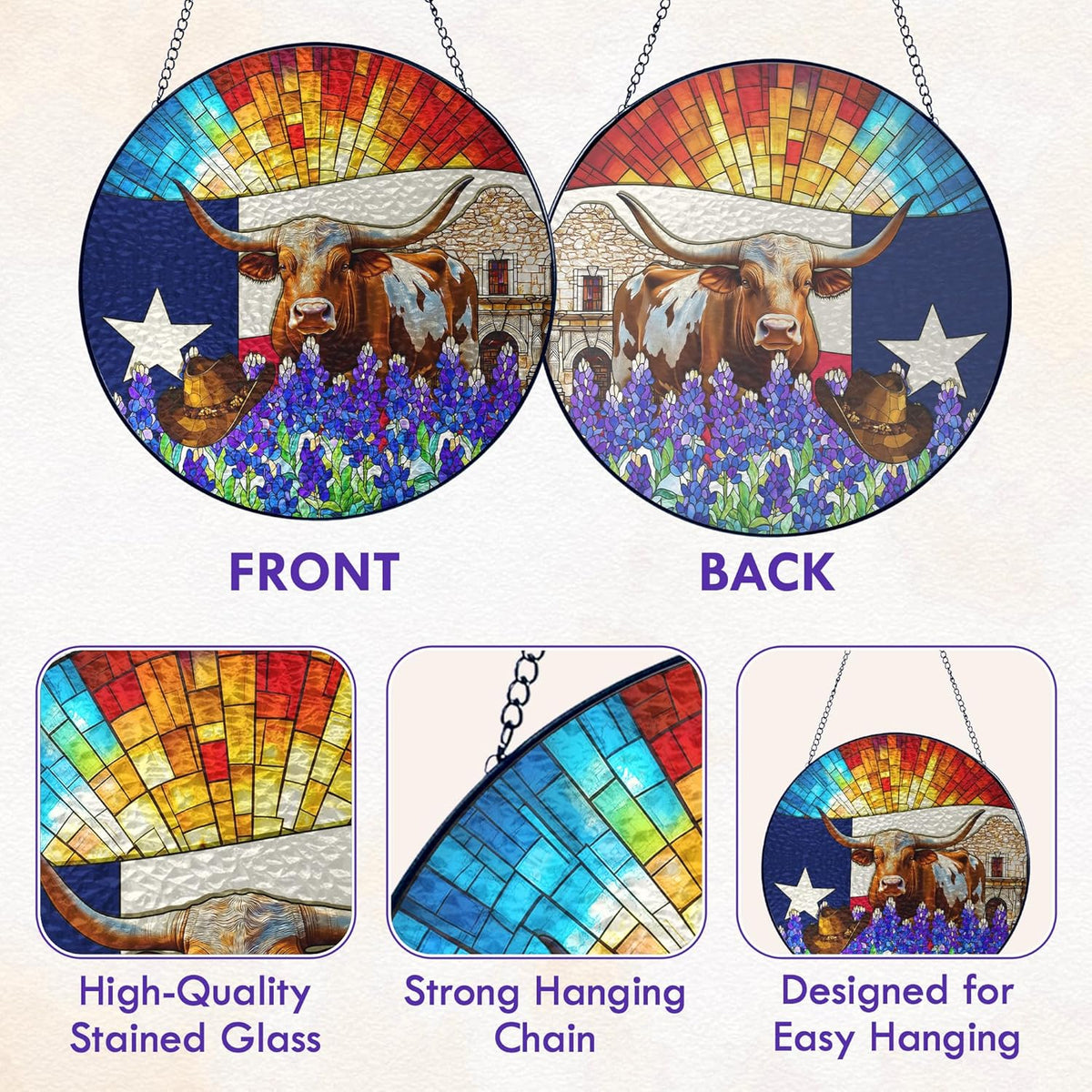 FLAGWIX Christmas Texas Gifts for Women Men - Stained Glass Window Hanging 10in - Sun Catchers