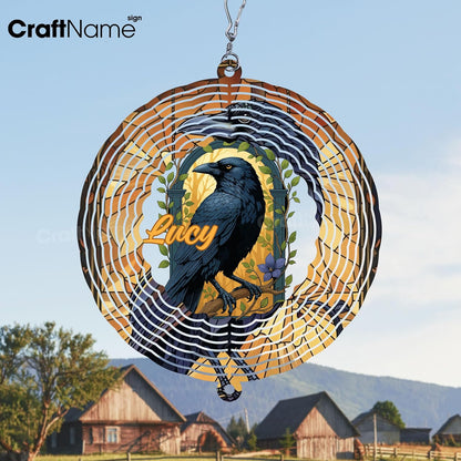 Personalized Raven Wind Spinner 3D Stainless Steel, Raven Garden Spinner Hanging Outdoor Decor