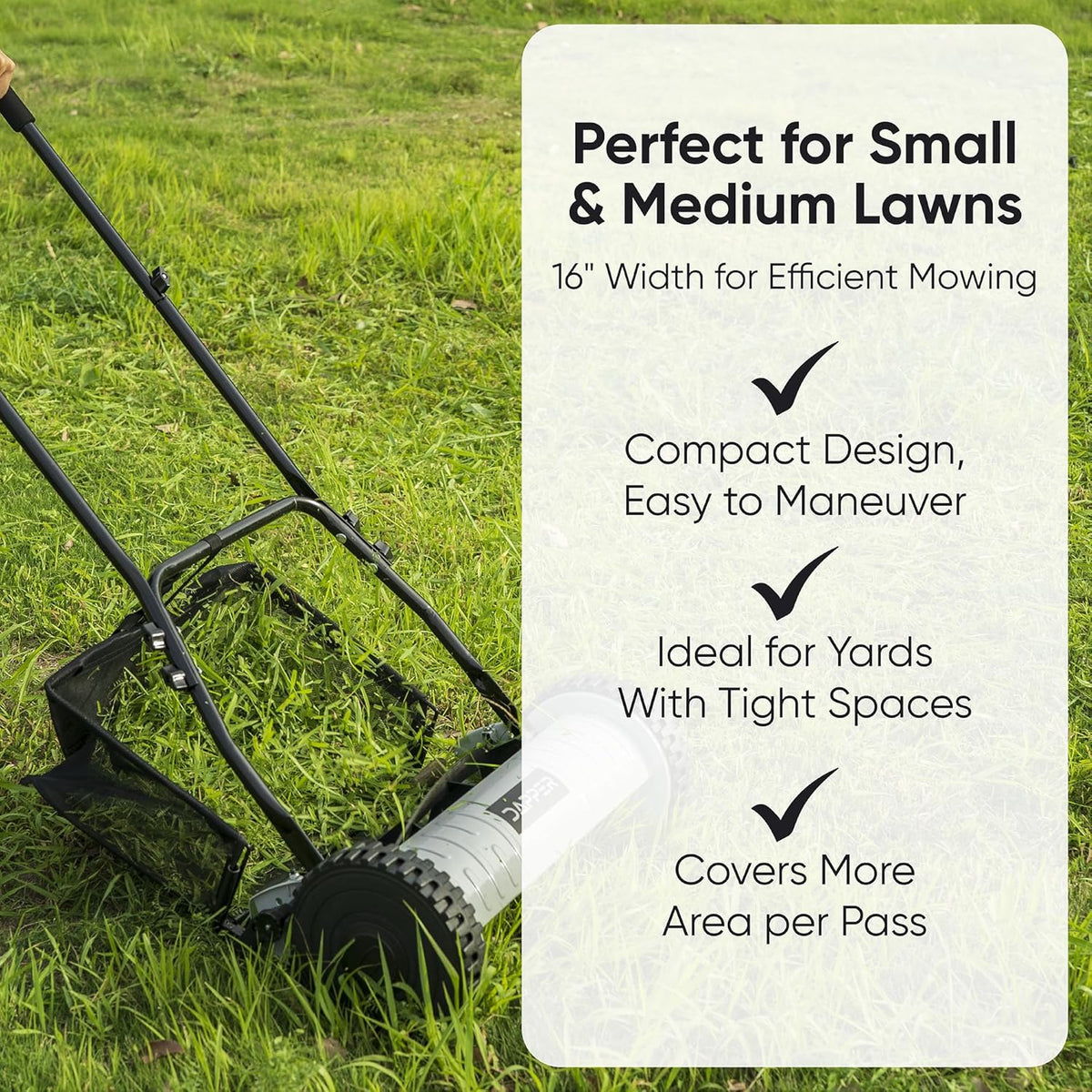 16" Push Reel Lawn Mower with Grass Catcher – Manual 5-Blade Hand Mower, Adjustable 3-Position