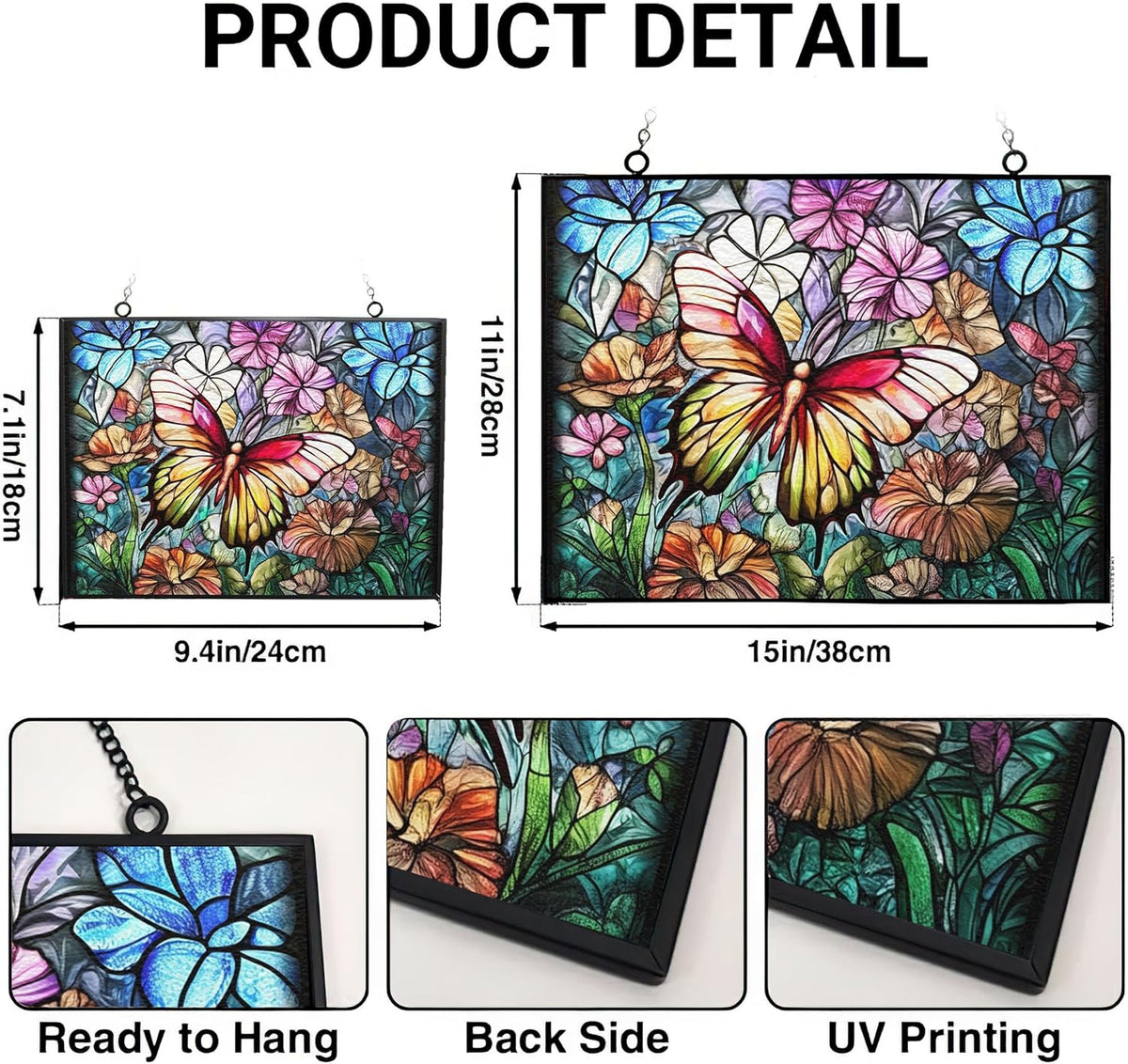 Rectangle Butterfly Suncatchers for Windows, Stained Glass Window Hangings,Hand-Painted Glass Panel