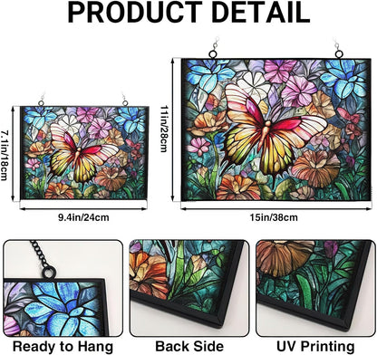 Rectangle Butterfly Suncatchers for Windows, Stained Glass Window Hangings,Hand-Painted Glass Panel