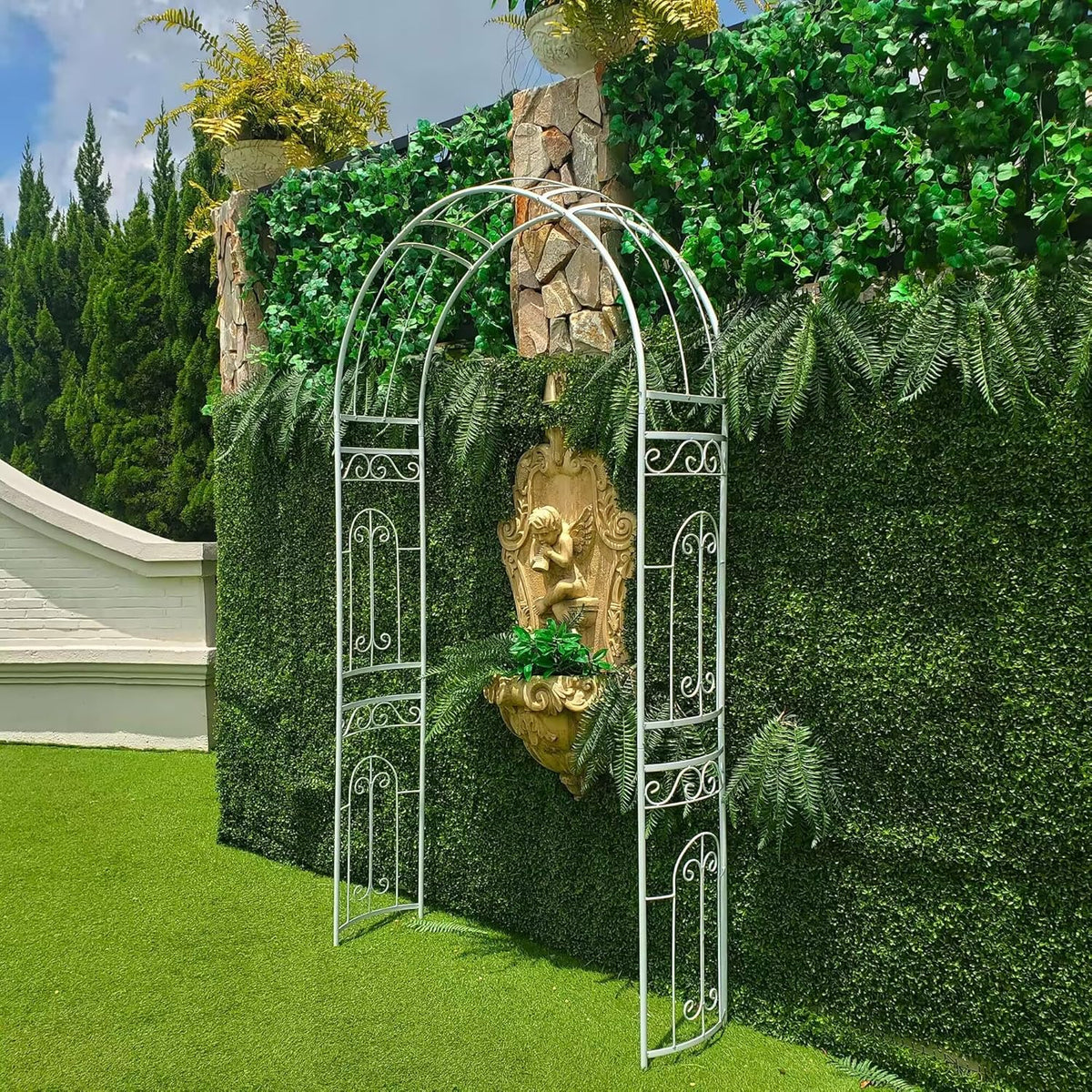 White Wedding Arch Garden Arbor Curved Metal Archway with Elegant Curve for Climbing Plants Roses